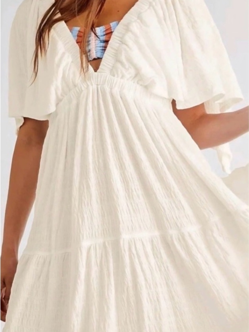White V-Neck Tiered Flowy Women's Dress Kikibell B2